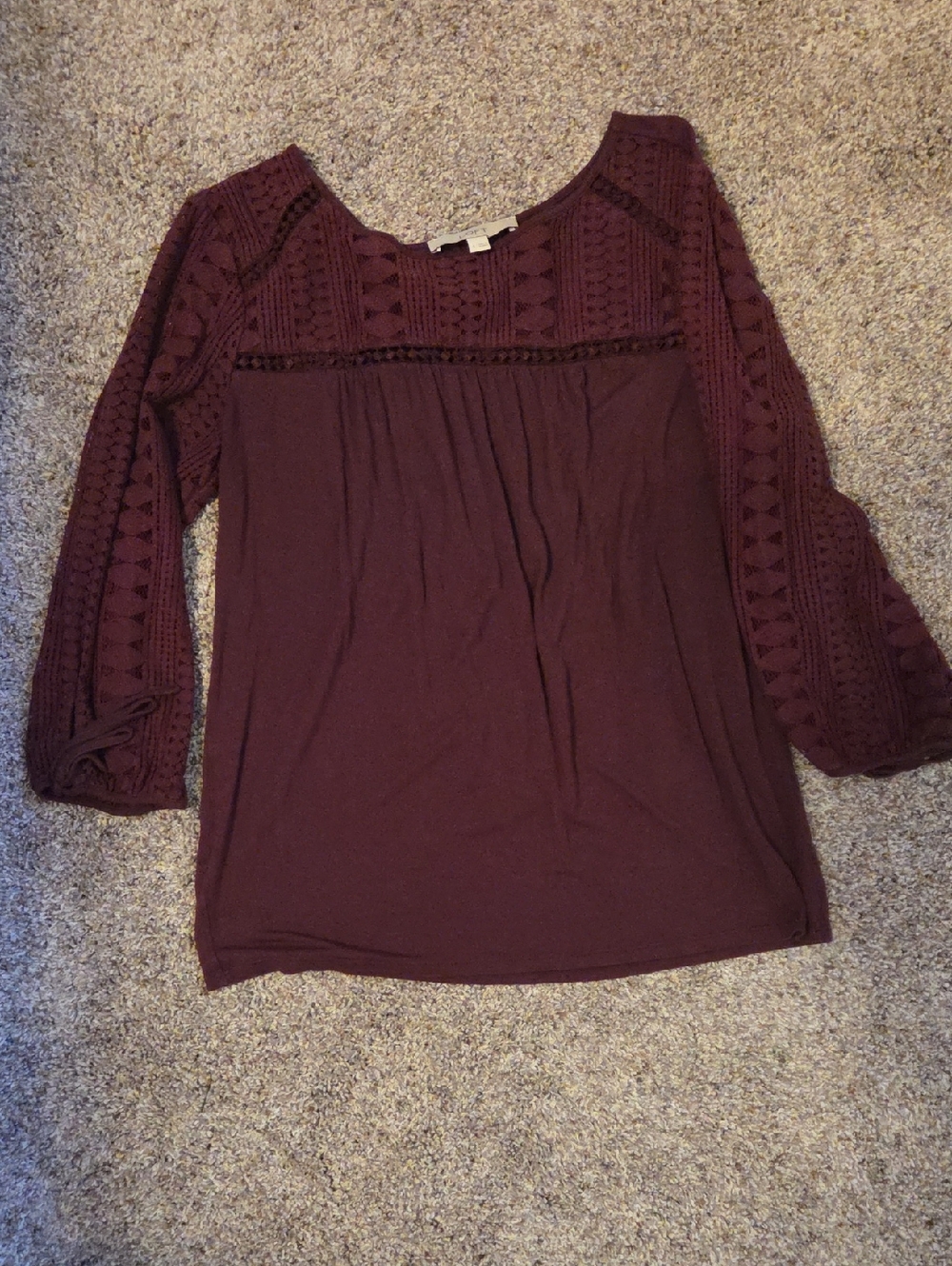 LOFT Plum Crochet Yoke 3/4 Sleeve Blouse